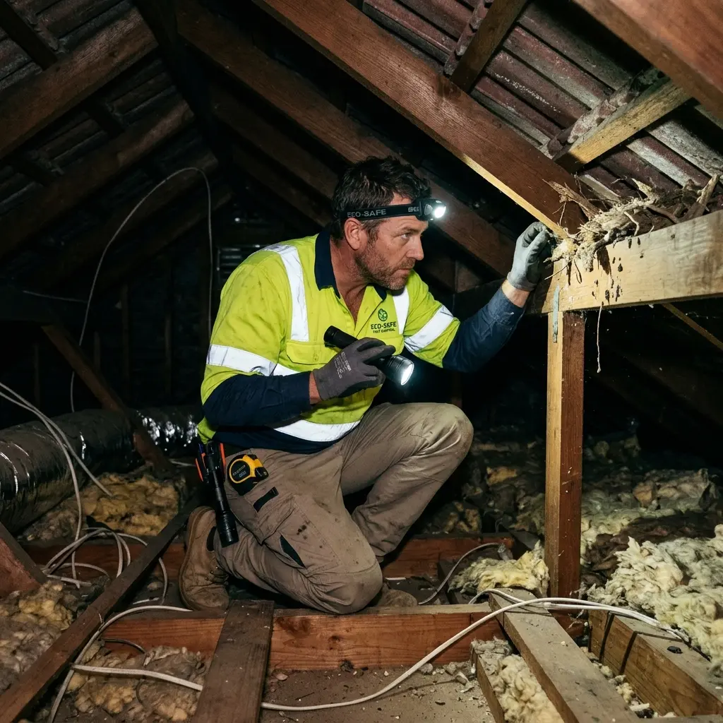 Technician inspecting a roof cavity for a dead animal in Bentleigh